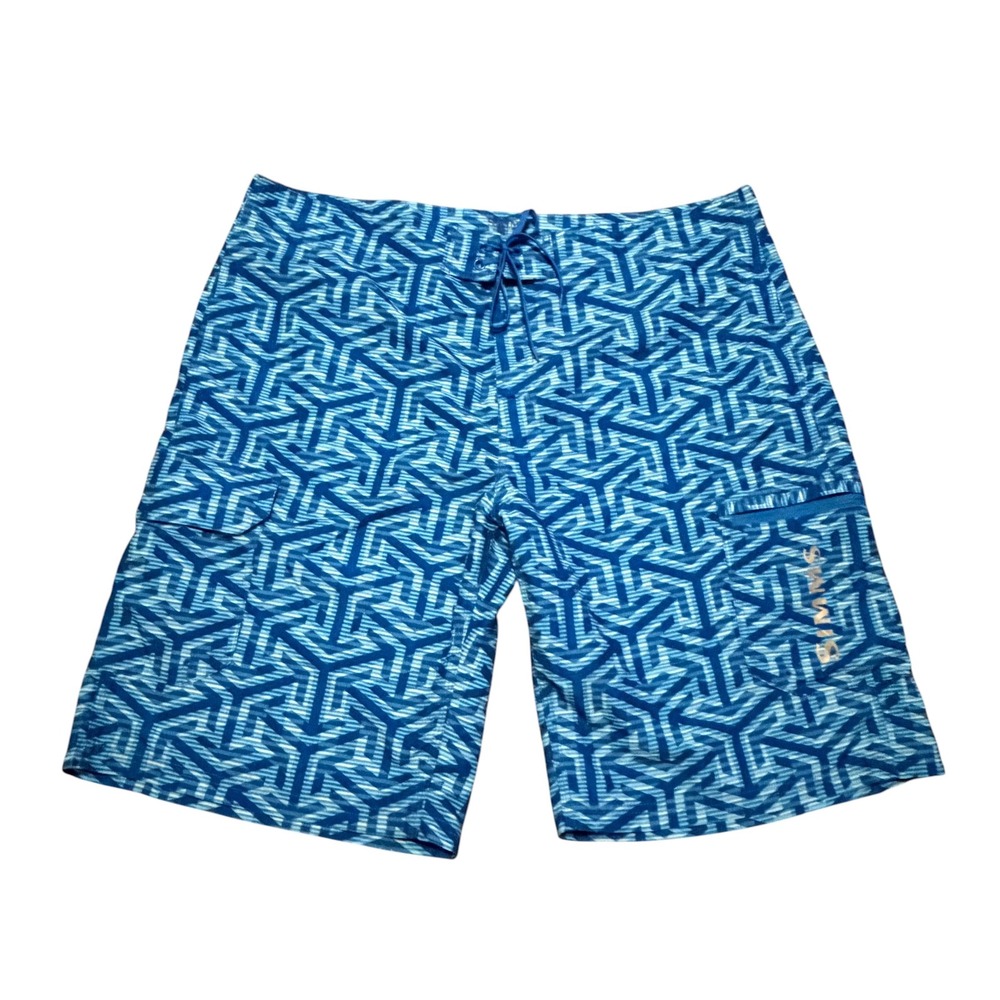 Simms SolarFlex Fishing Board Shorts Mens 40 Blue Hex Camo Geometric Cargo